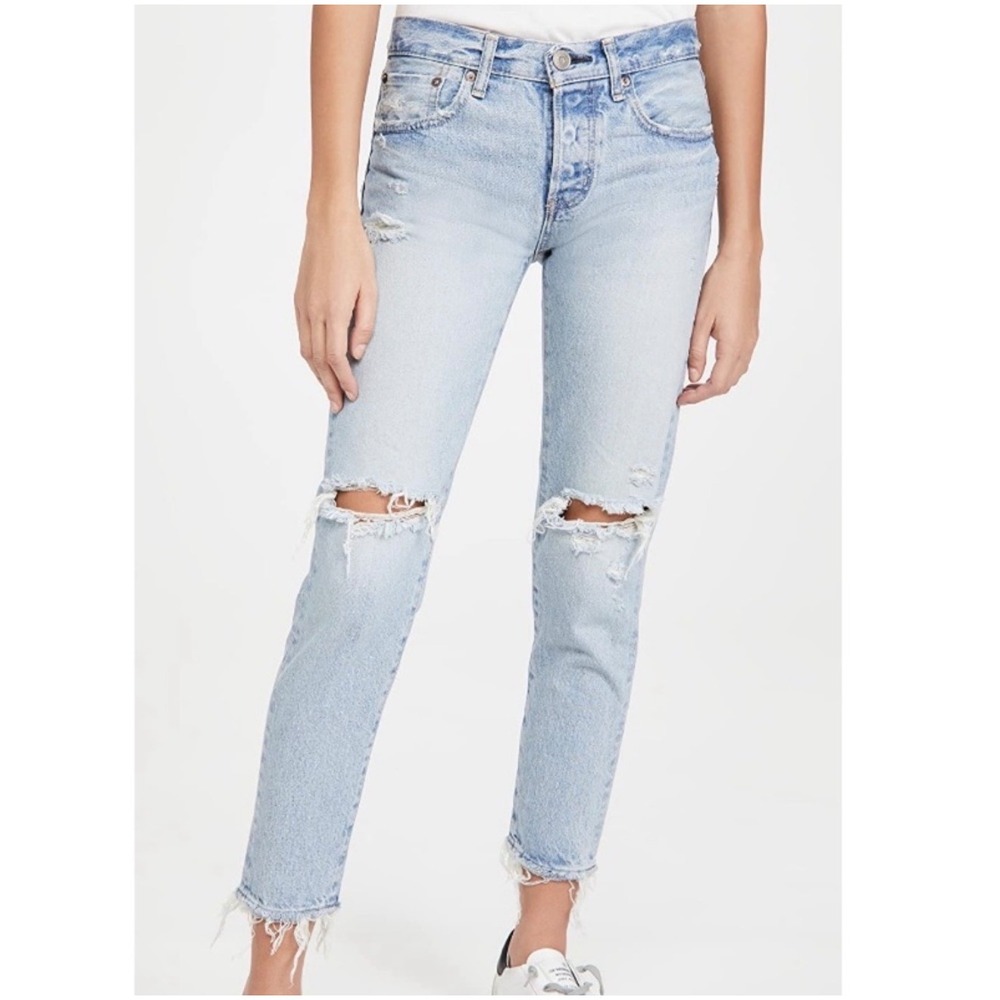 Moussy Vintage Yardley Distressed Tapered Straight Leg Jeans Light Wash Blue 29